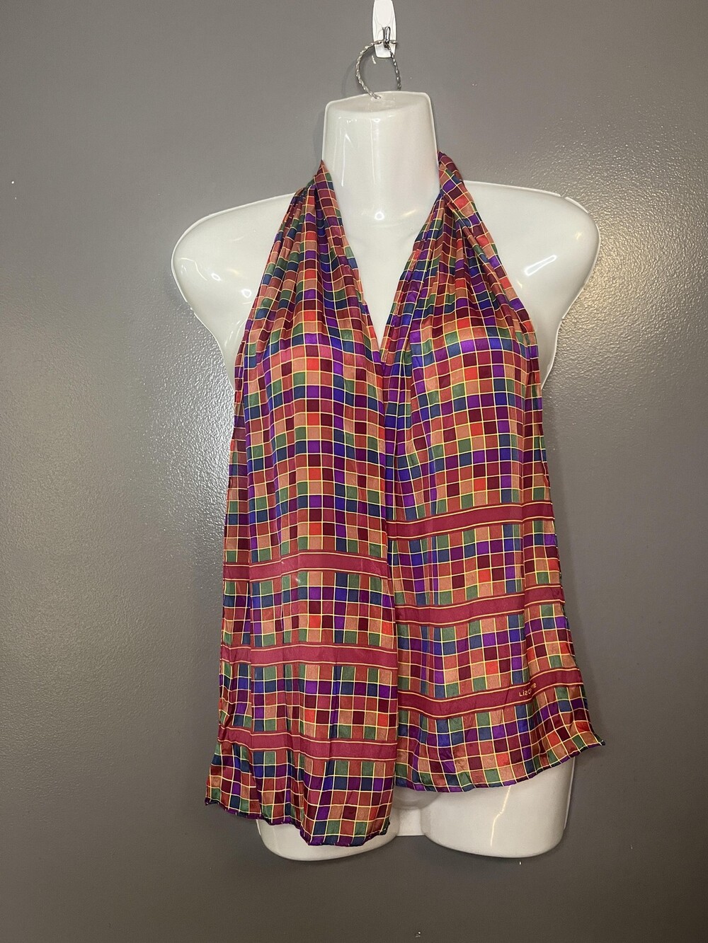 Liz Claiborne Scarf Womens One Size Multicolor Plaid Oblong Long Silky Print